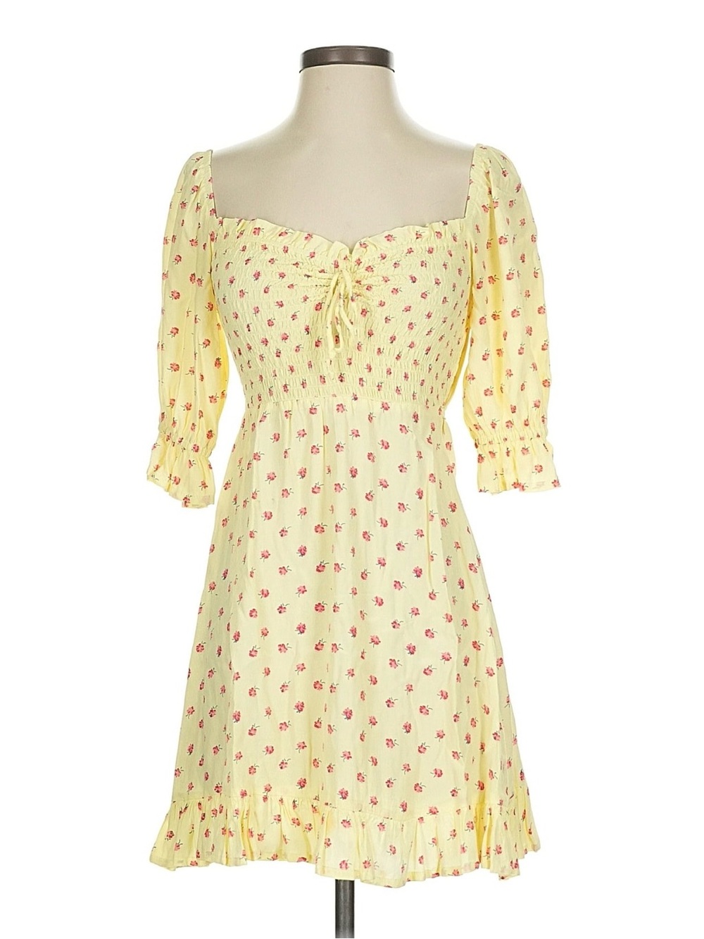 Faithfull the Brand Yellow Floral Mini Dress with Pink Blossoms